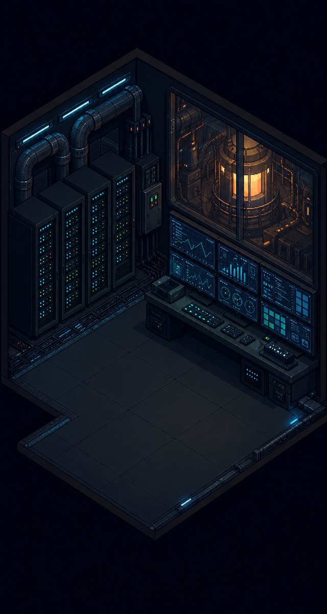 A reactor control room with glowing energy equipment and computer consoles.
