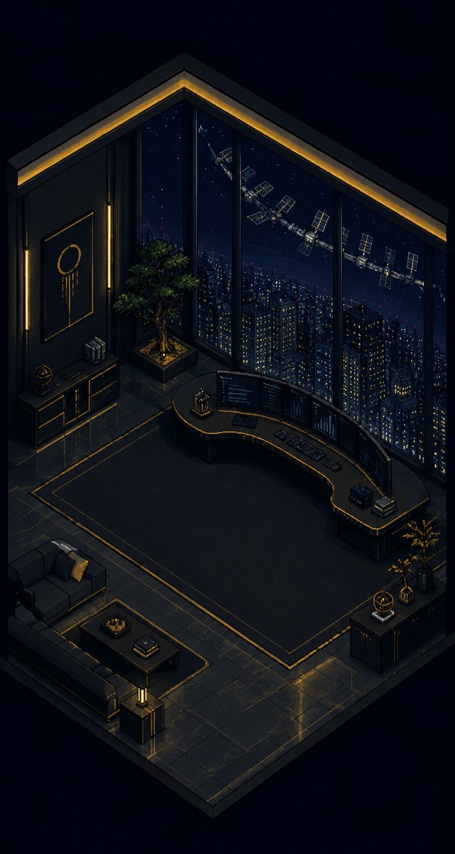 An orbital penthouse filled with terminals, overlooking a city and satellites in space.